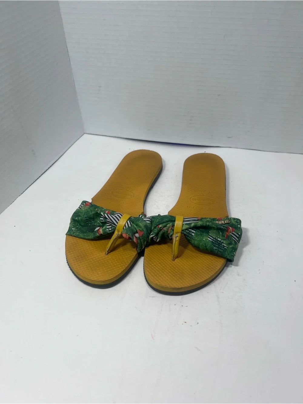Havaianas Green Floral Knot Slide Sandals with Mustard Footbed